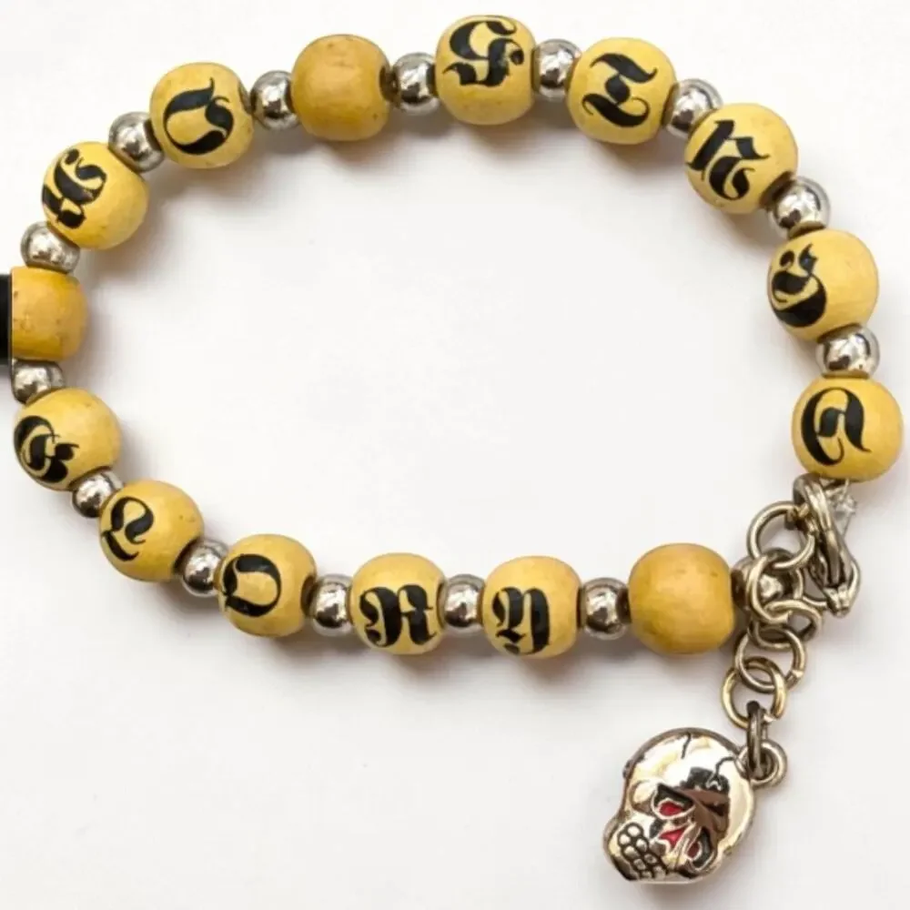Vintage Ed Hardy Death Or Glory Skull Charm Wood Bead Bracelet Y2K Biker Punk